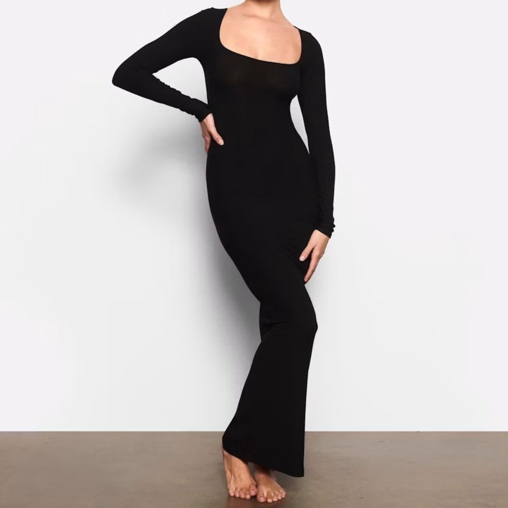 SKIMS Soft Ribbed Lounge Long Sleeve Maxi Dress Black Onyx Stretch Size Small